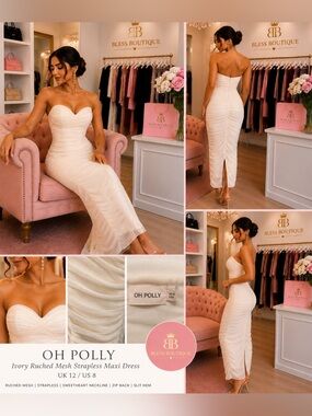 OH POLLY Ivory Ruched Mesh Strapless Maxi Dress
Size: UK 12 / US 8